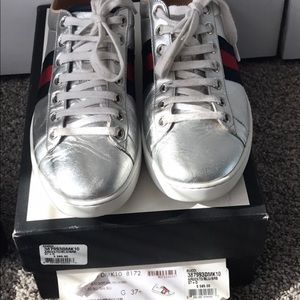 Authentic Gucci Ace Silver Sneakers Sz 37.5
